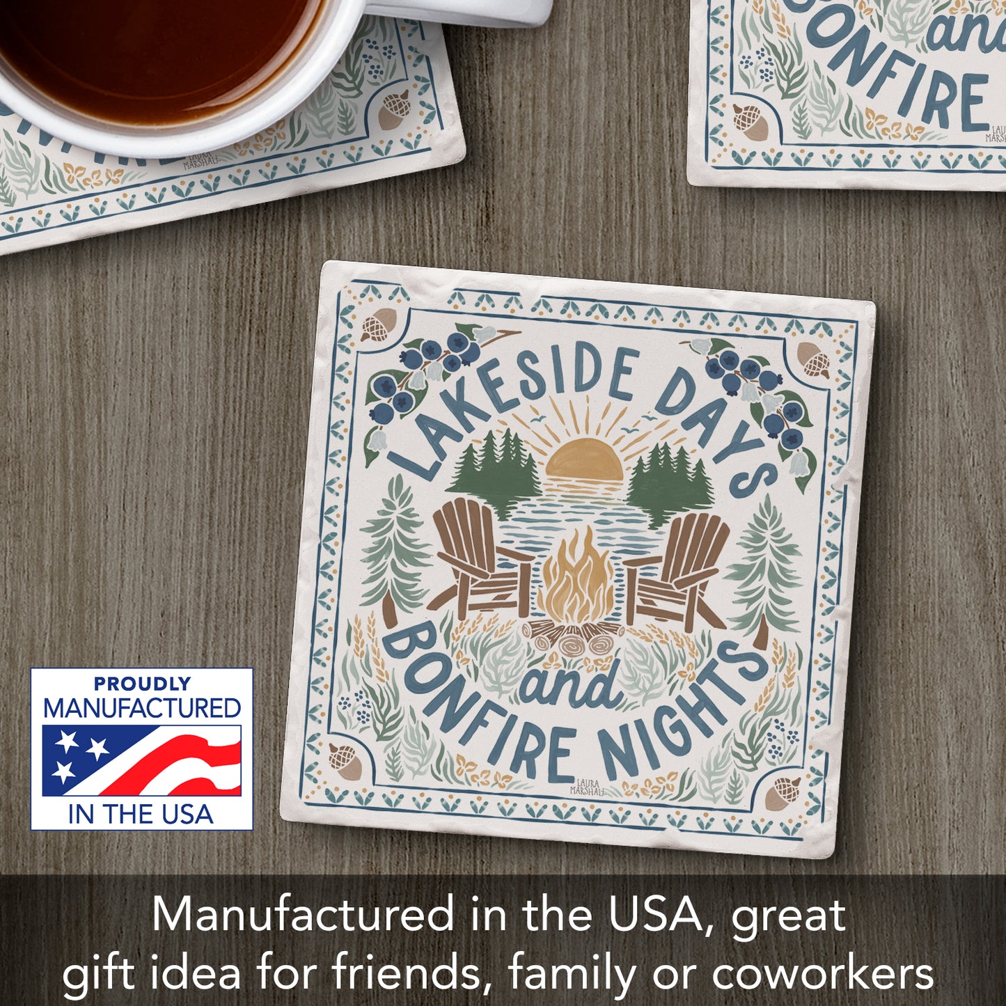 Thirstystone Lakeside Days Single Tumbled Tile Stone Coaster with Protective Cork Backing Manufactured in The USA 4" Square