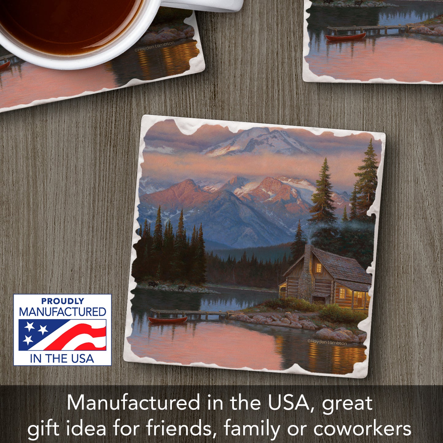 Thirstystone Tranquil Cabin Single Tumbled Tile Stone Coaster with Protective Cork Backing Manufactured in The USA 4" Square