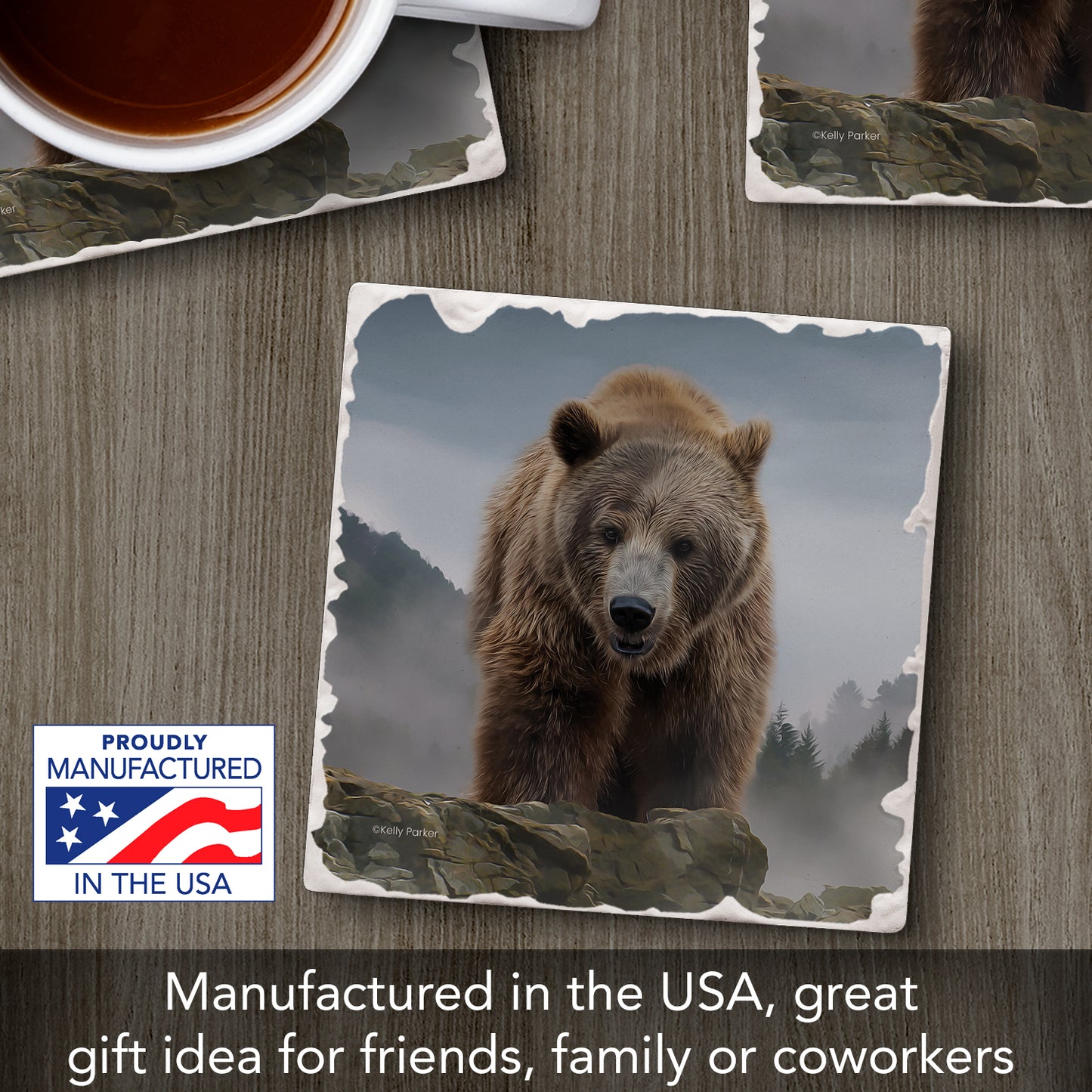 Thirstystone Mountain Grizzly Single Tumbled Tile Stone Coaster with Protective Cork Backing Manufactured in The USA 4" Square