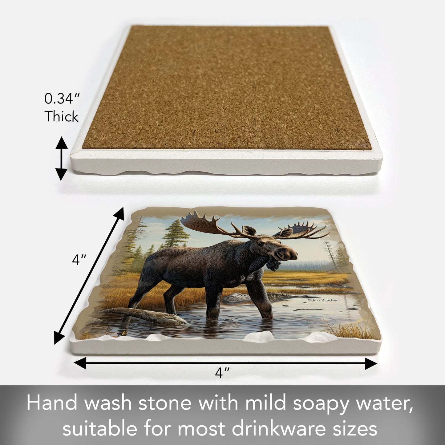 Thirstystone Big Moose Single Tumbled Tile Stone Coaster with Protective Cork Backing Manufactured in The USA 4" Square