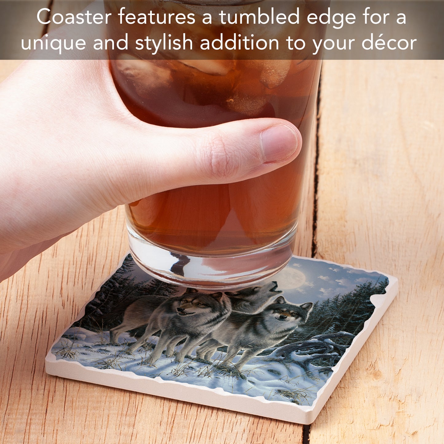 Thirstystone Midnight Wolves Single Tumbled Tile Stone Coaster with Protective Cork Backing Manufactured in The USA 4" Square