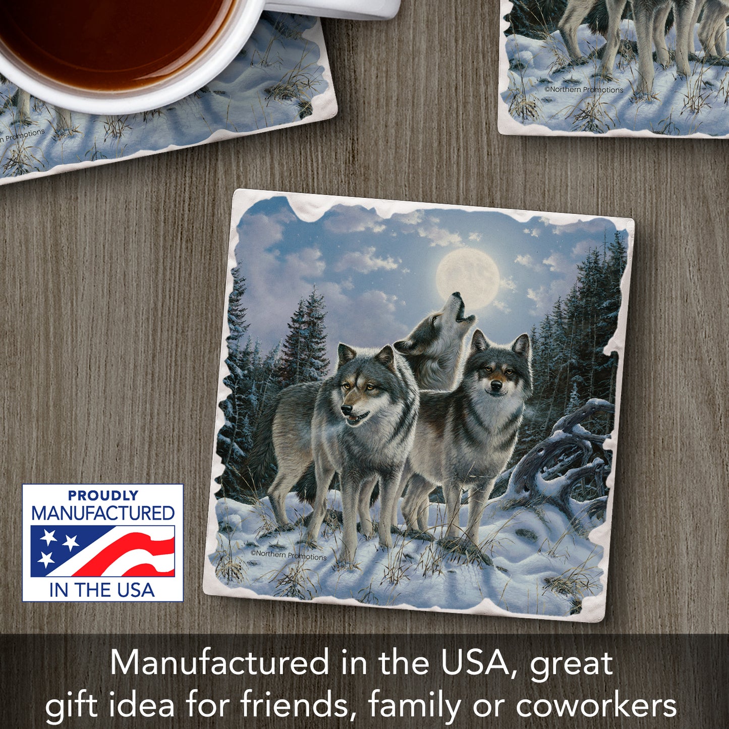 Thirstystone Midnight Wolves Single Tumbled Tile Stone Coaster with Protective Cork Backing Manufactured in The USA 4" Square