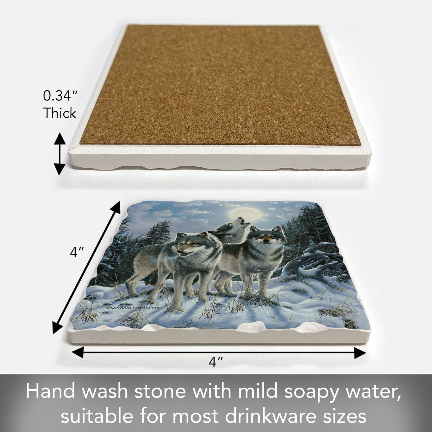 Thirstystone Midnight Wolves Single Tumbled Tile Stone Coaster with Protective Cork Backing Manufactured in The USA 4" Square