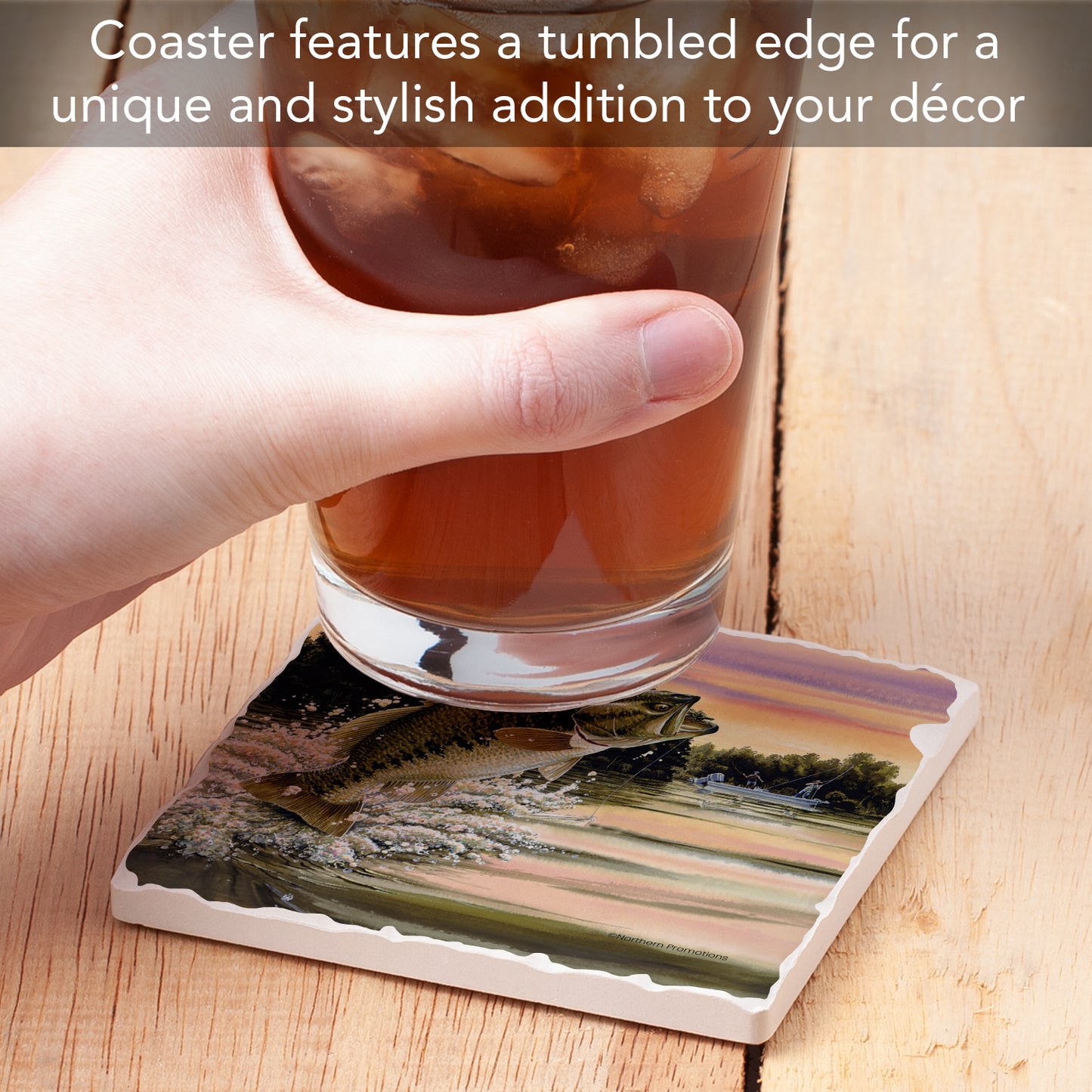 Thirstystone Bass Attack Single Tumbled Tile Stone Coaster with Protective Cork Backing Manufactured in The USA 4" Square