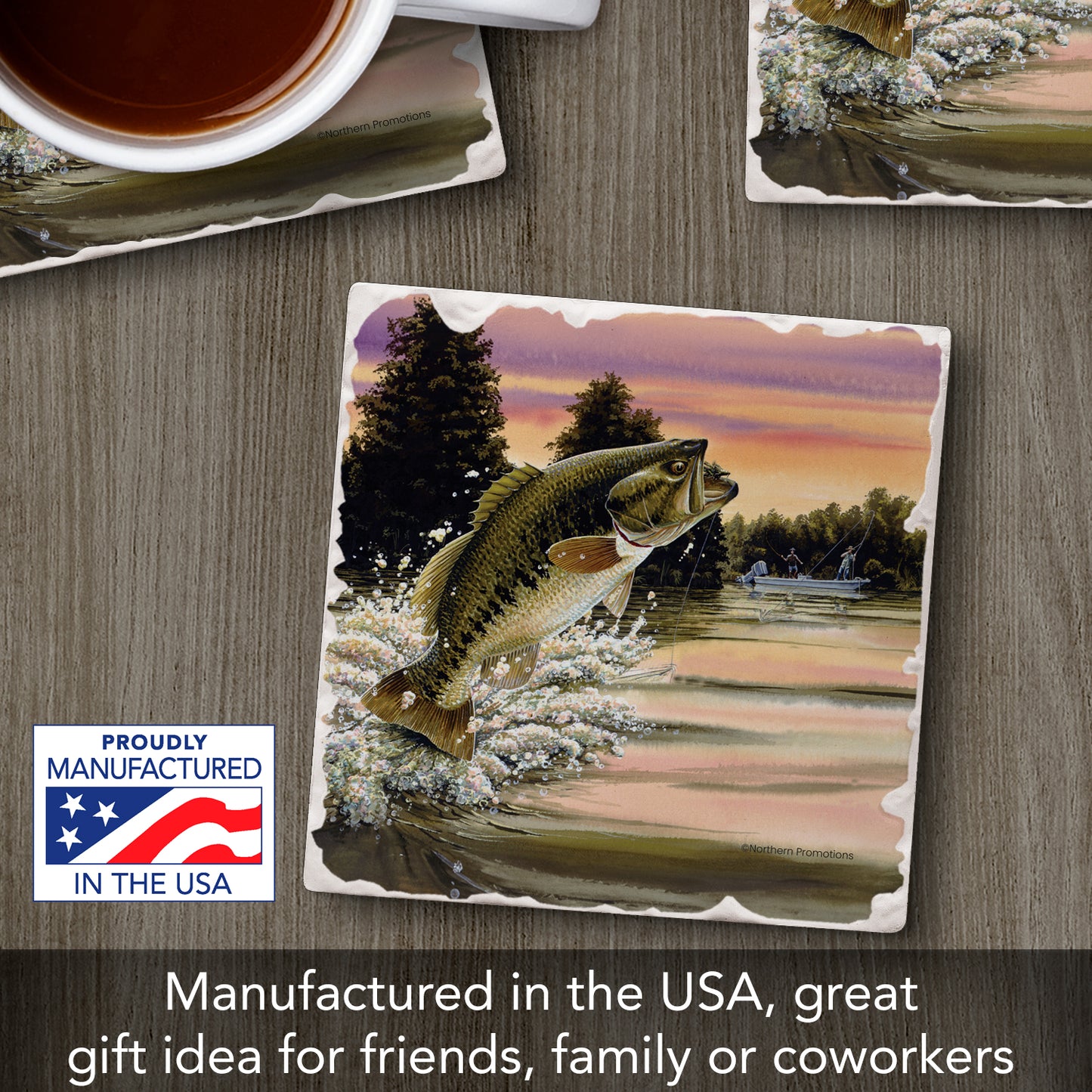 Thirstystone Bass Attack Single Tumbled Tile Stone Coaster with Protective Cork Backing Manufactured in The USA 4" Square