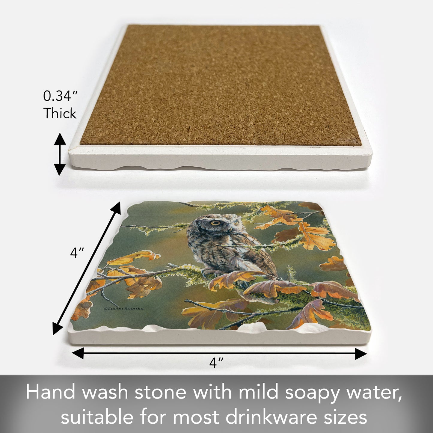 Thirstystone Screech Owl Single Tumbled Tile Stone Coaster with Protective Cork Backing Manufactured in The USA 4" Square