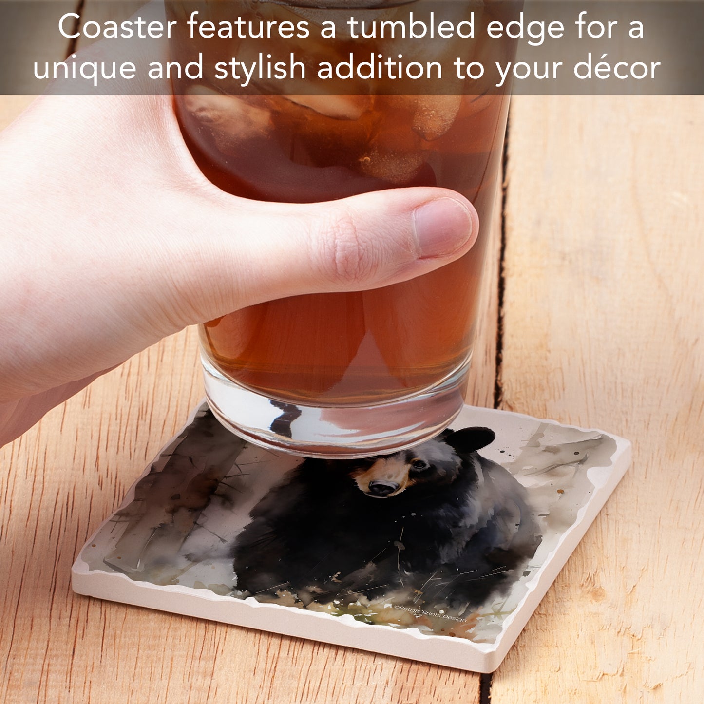 Thirstystone Forest Black Bear Single Tumbled Tile Stone Coaster with Protective Cork Backing Manufactured in The USA 4" Square