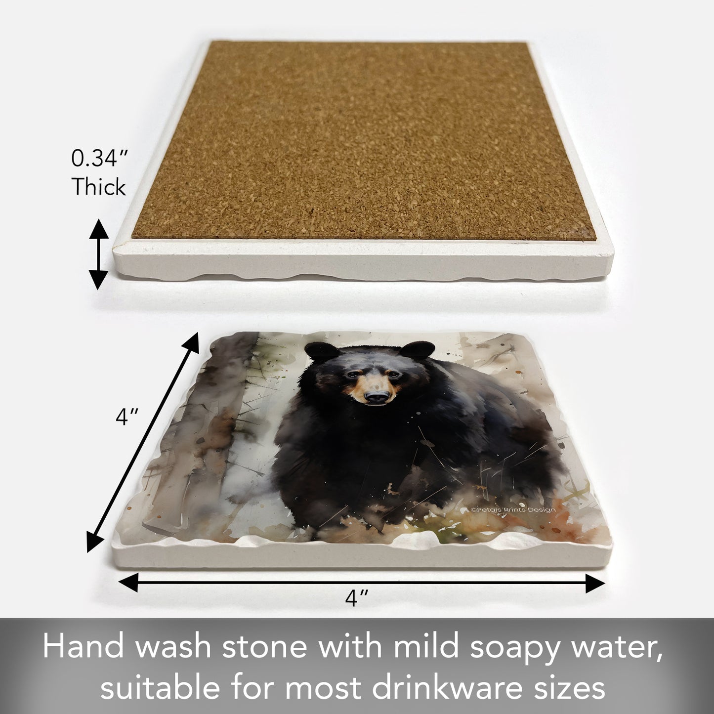 Thirstystone Forest Black Bear Single Tumbled Tile Stone Coaster with Protective Cork Backing Manufactured in The USA 4" Square