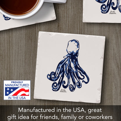 Thirstystone Indigo Octopus Single Tumbled Tile Stone Coaster with Protective Cork Backing Manufactured in The USA 4" Square, Colorful, Artistiic, Easily Wipes Clean