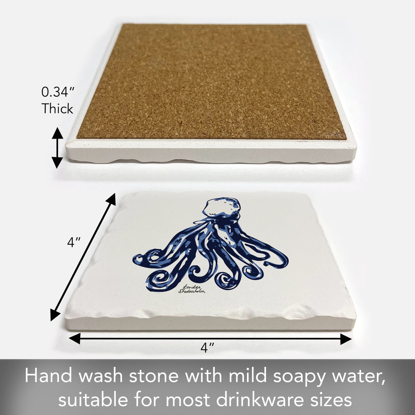 Thirstystone Indigo Octopus Single Tumbled Tile Stone Coaster with Protective Cork Backing Manufactured in The USA 4" Square, Colorful, Artistiic, Easily Wipes Clean