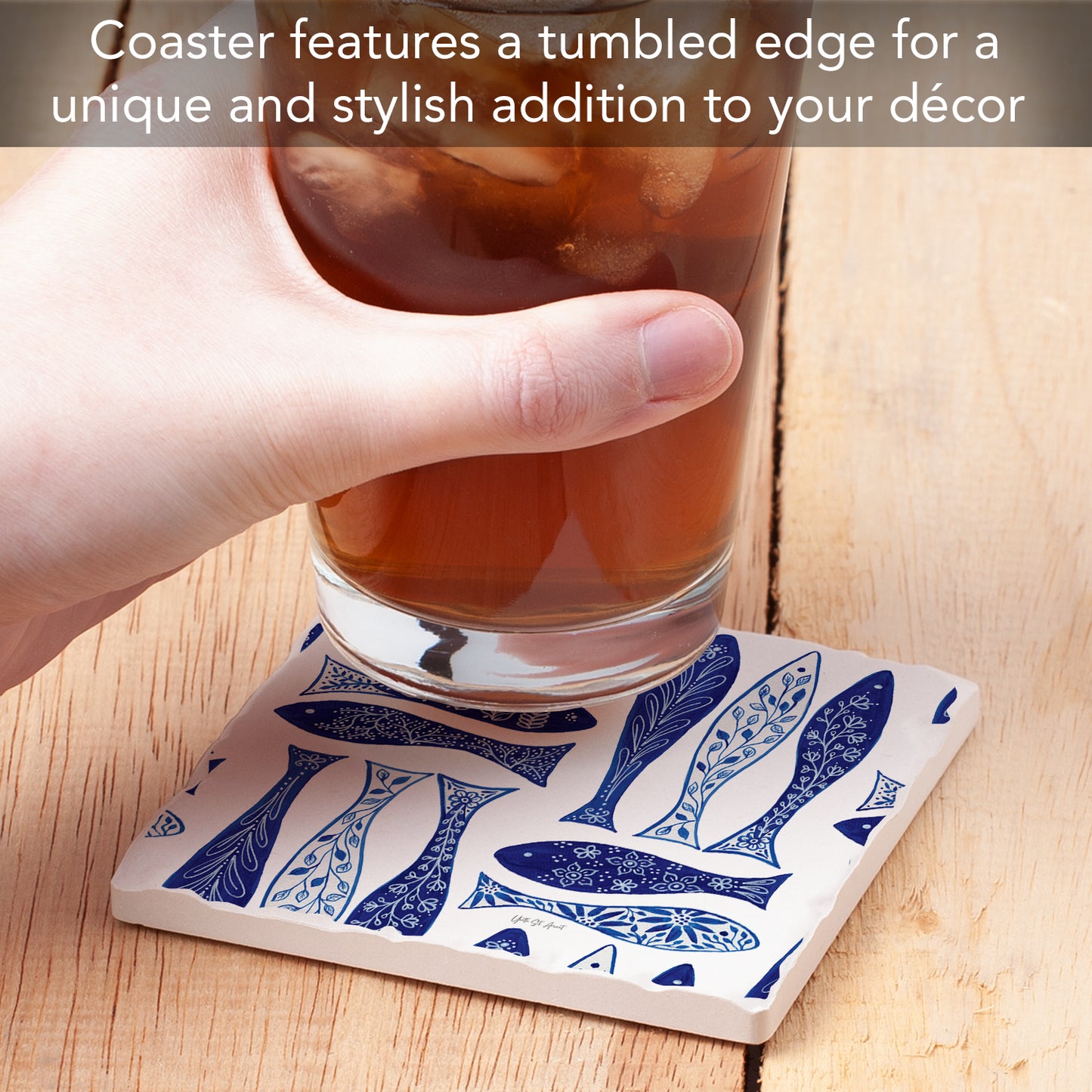 Thirstystone Blue Fish Single Tumbled Tile Stone Coaster with Protective Cork Backing Manufactured in The USA 4" Square, Colorful, Artistiic, Easily Wipes Clean