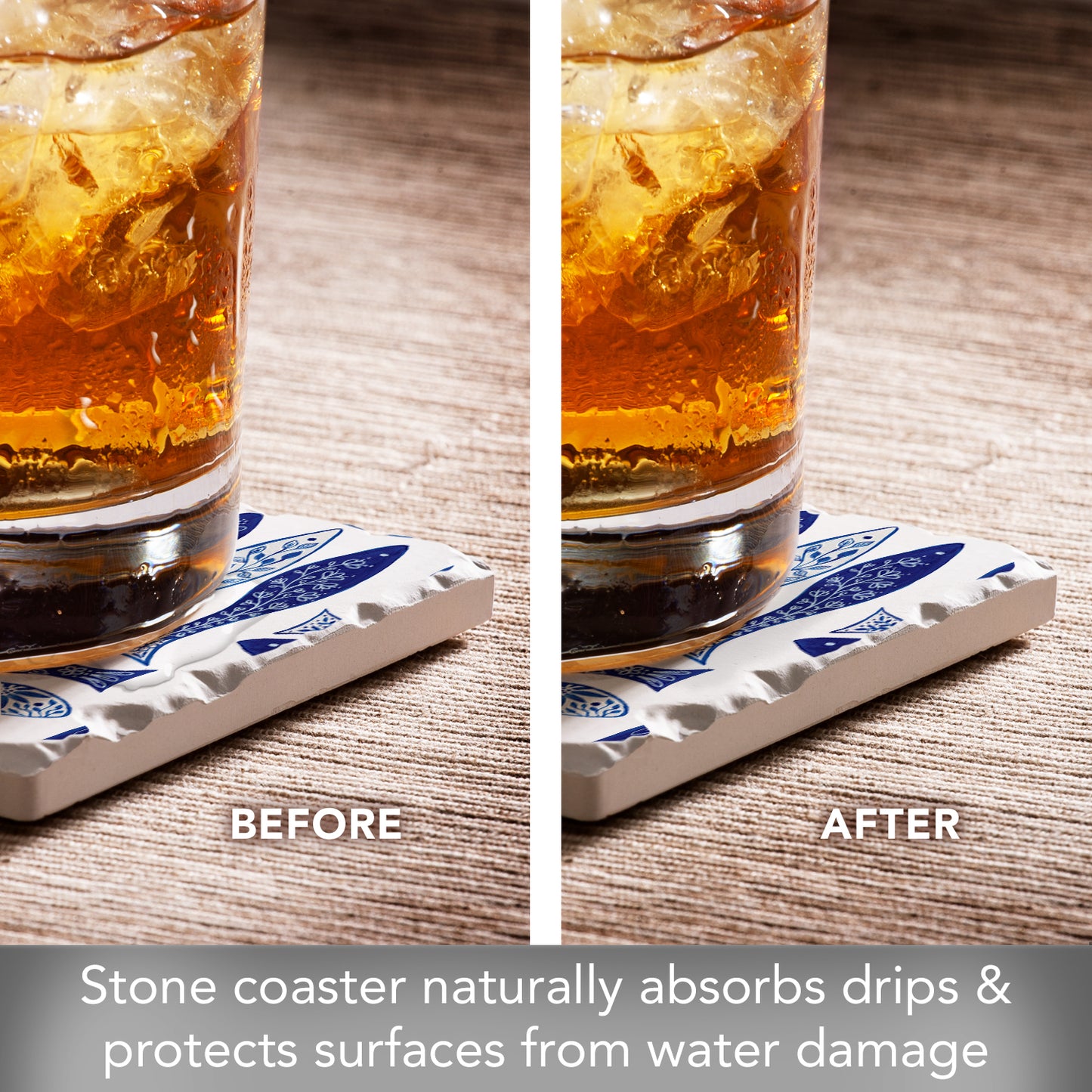 Thirstystone Blue Fish Single Tumbled Tile Stone Coaster with Protective Cork Backing Manufactured in The USA 4" Square, Colorful, Artistiic, Easily Wipes Clean