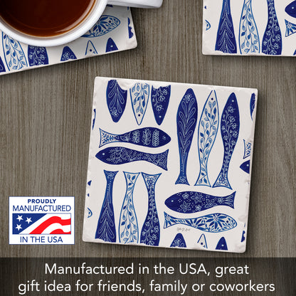 Thirstystone Blue Fish Single Tumbled Tile Stone Coaster with Protective Cork Backing Manufactured in The USA 4" Square, Colorful, Artistiic, Easily Wipes Clean