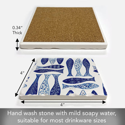 Thirstystone Blue Fish Single Tumbled Tile Stone Coaster with Protective Cork Backing Manufactured in The USA 4" Square, Colorful, Artistiic, Easily Wipes Clean