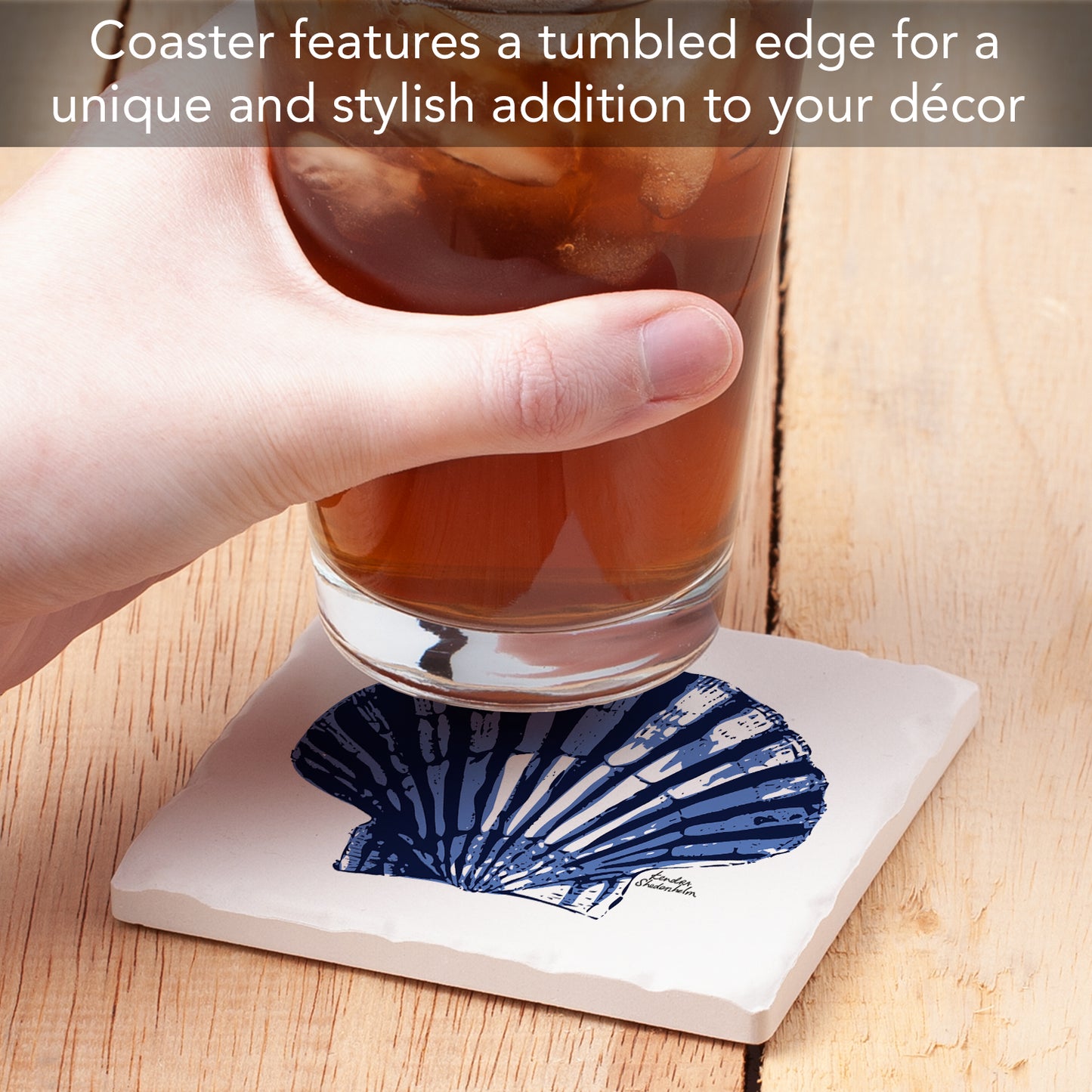 Thirstystone Indigo Scallop Single Tumbled Tile Stone Coaster with Protective Cork Backing Manufactured in The USA 4" Square, Colorful, Artistiic, Easily Wipes Clean
