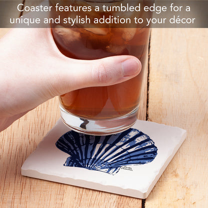 Thirstystone Indigo Scallop Single Tumbled Tile Stone Coaster with Protective Cork Backing Manufactured in The USA 4" Square, Colorful, Artistiic, Easily Wipes Clean