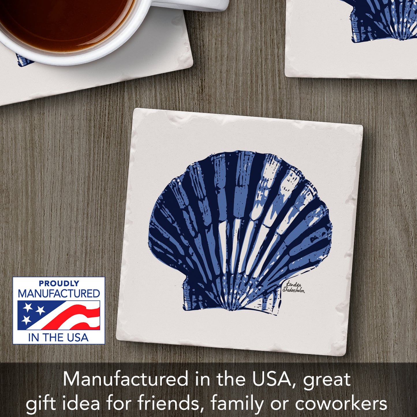 Thirstystone Indigo Scallop Single Tumbled Tile Stone Coaster with Protective Cork Backing Manufactured in The USA 4" Square, Colorful, Artistiic, Easily Wipes Clean