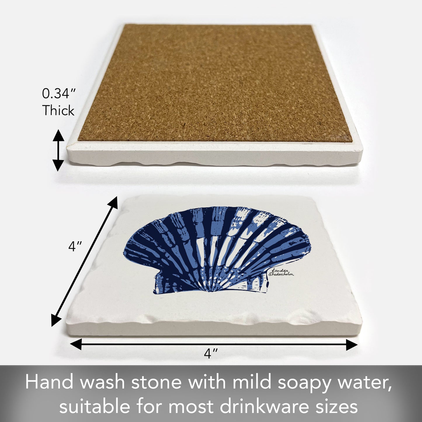 Thirstystone Indigo Scallop Single Tumbled Tile Stone Coaster with Protective Cork Backing Manufactured in The USA 4" Square, Colorful, Artistiic, Easily Wipes Clean