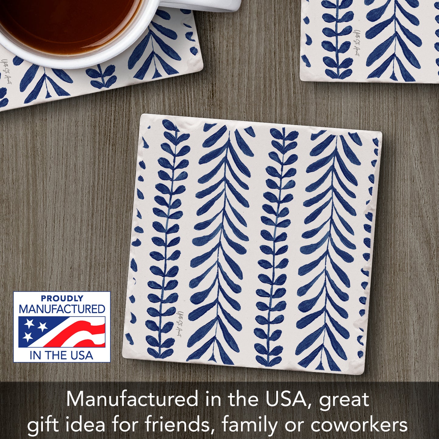 Thirstystone Indigo Seaweed Single Tumbled Tile Stone Coaster with Protective Cork Backing Manufactured in The USA 4" Square, Colorful, Artistiic, Easily Wipes Clean