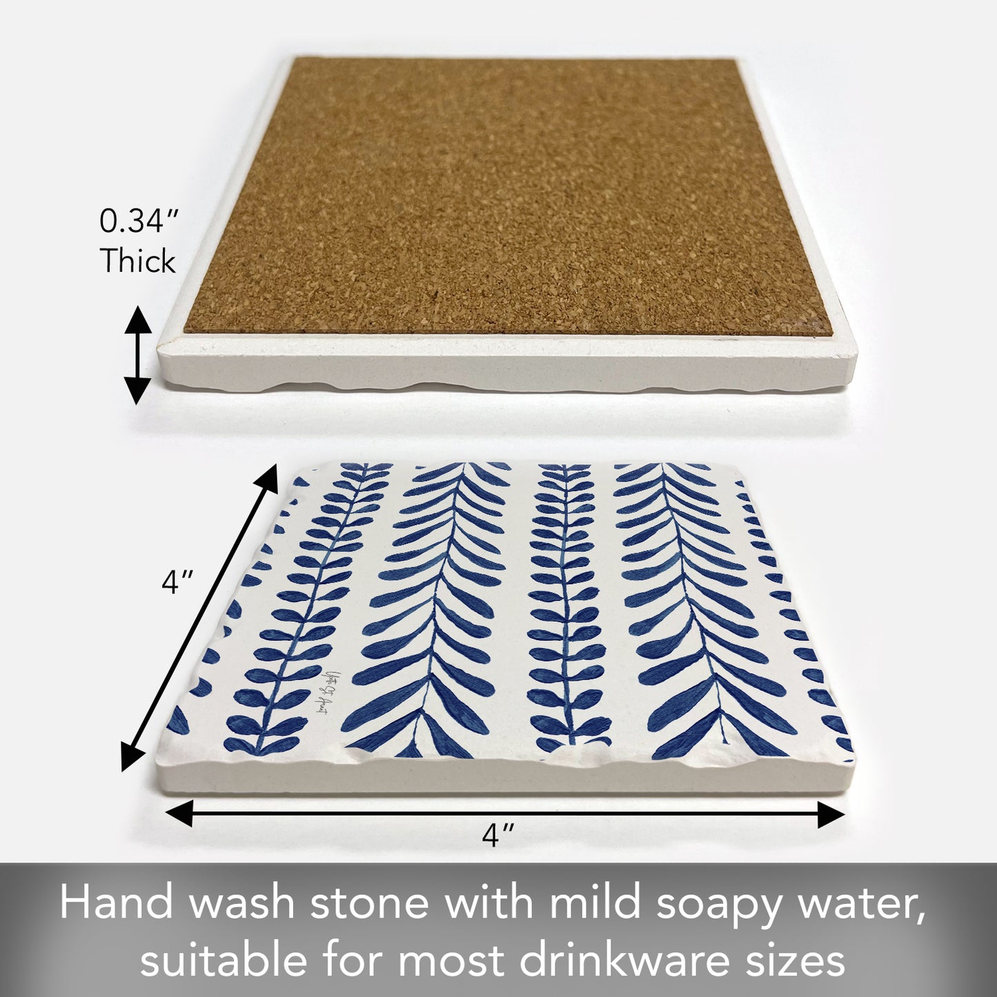 Thirstystone Indigo Seaweed Single Tumbled Tile Stone Coaster with Protective Cork Backing Manufactured in The USA 4" Square, Colorful, Artistiic, Easily Wipes Clean