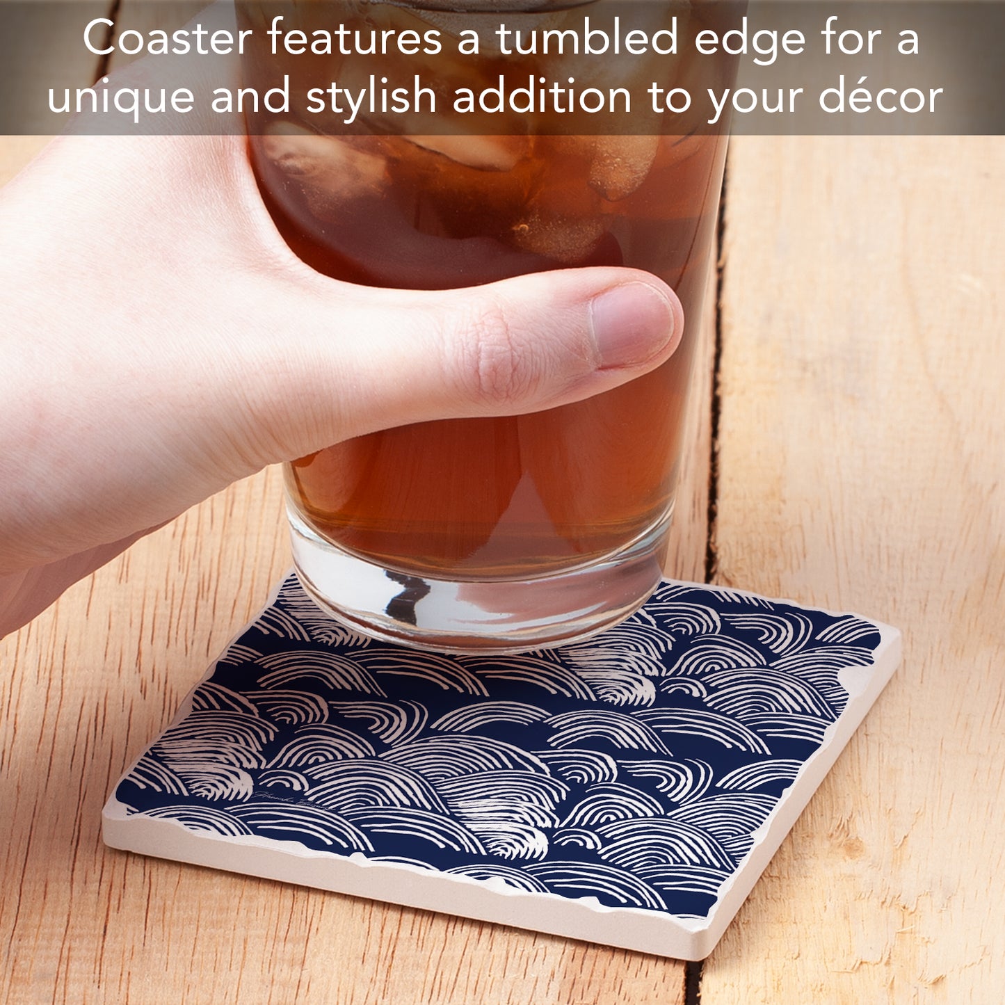Thirstystone Indigo Waves Single Tumbled Tile Stone Coaster with Protective Cork Backing Manufactured in The USA 4" Square, Colorful, Artistiic, Easily Wipes Clean