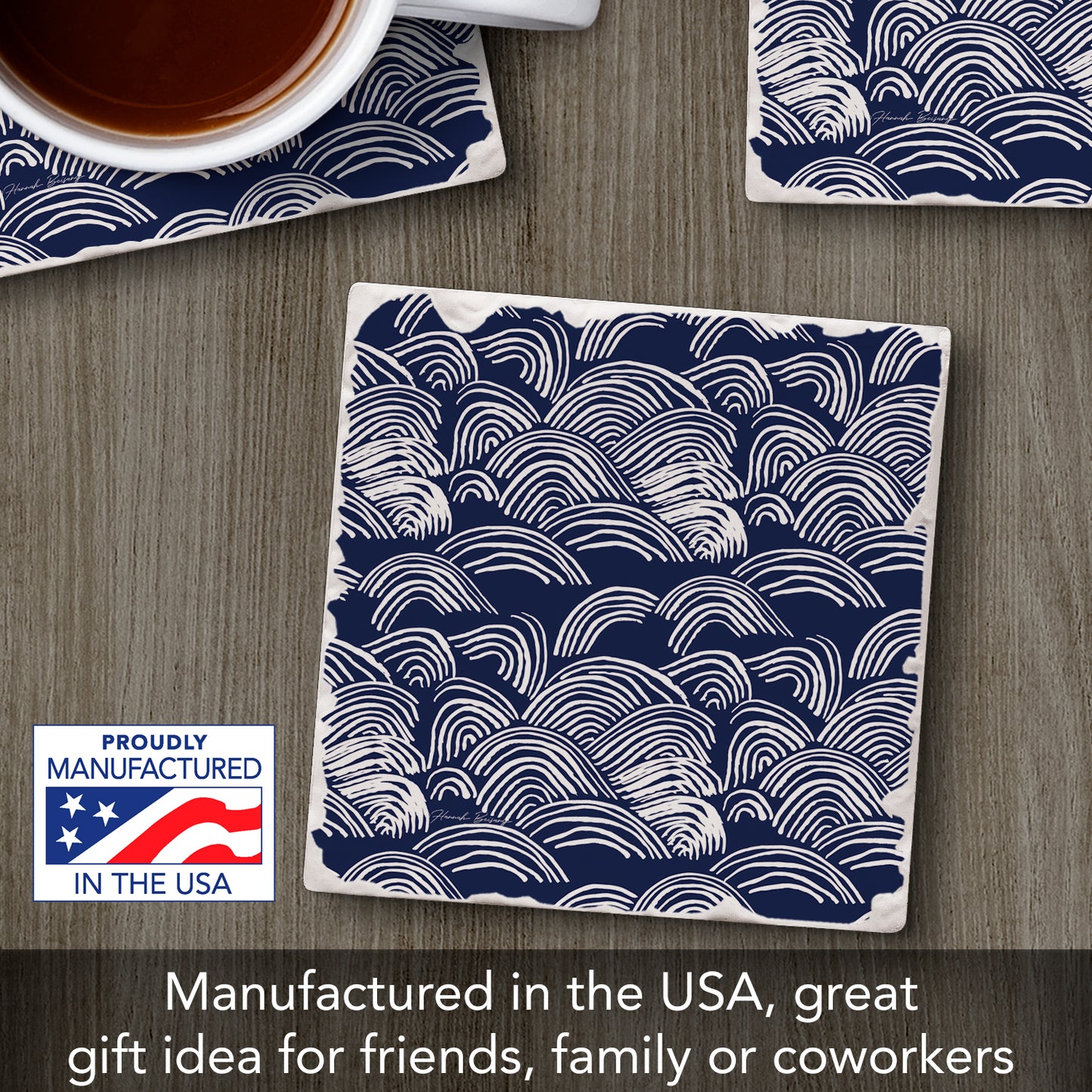 Thirstystone Indigo Waves Single Tumbled Tile Stone Coaster with Protective Cork Backing Manufactured in The USA 4" Square, Colorful, Artistiic, Easily Wipes Clean