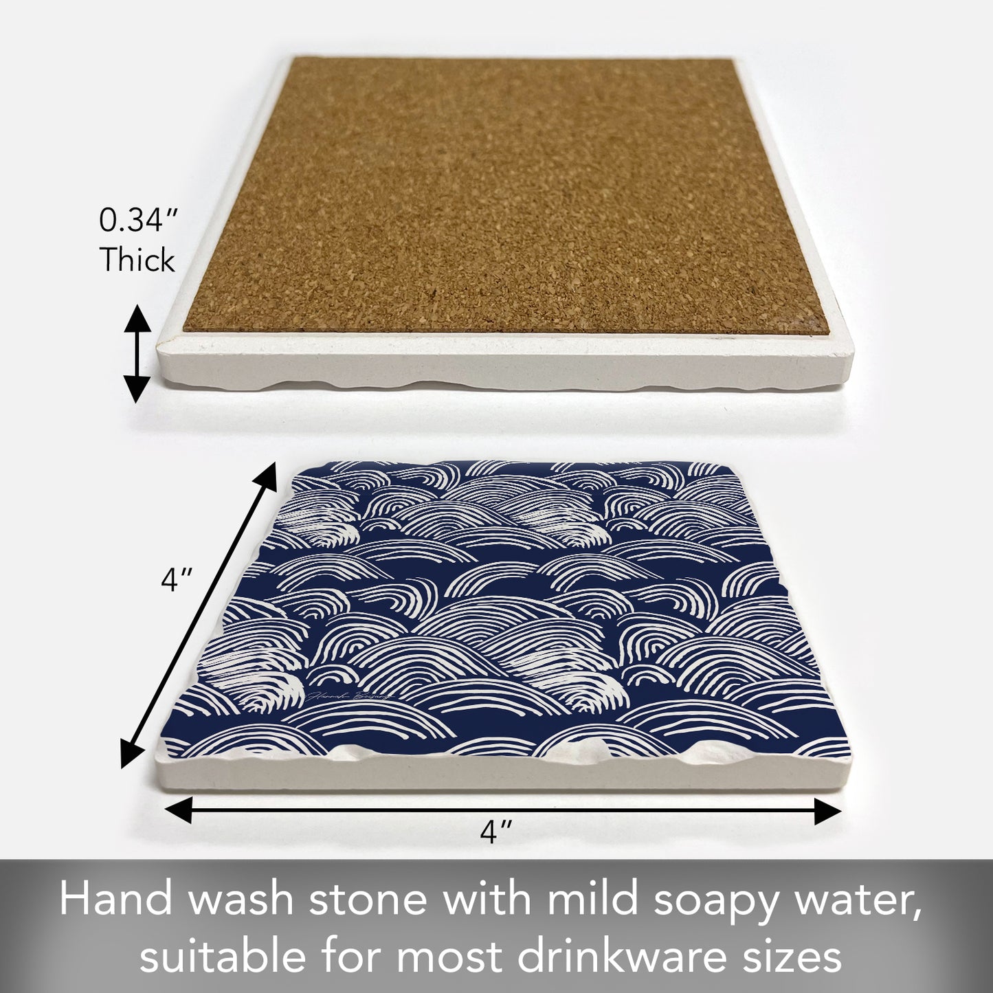 Thirstystone Indigo Waves Single Tumbled Tile Stone Coaster with Protective Cork Backing Manufactured in The USA 4" Square, Colorful, Artistiic, Easily Wipes Clean