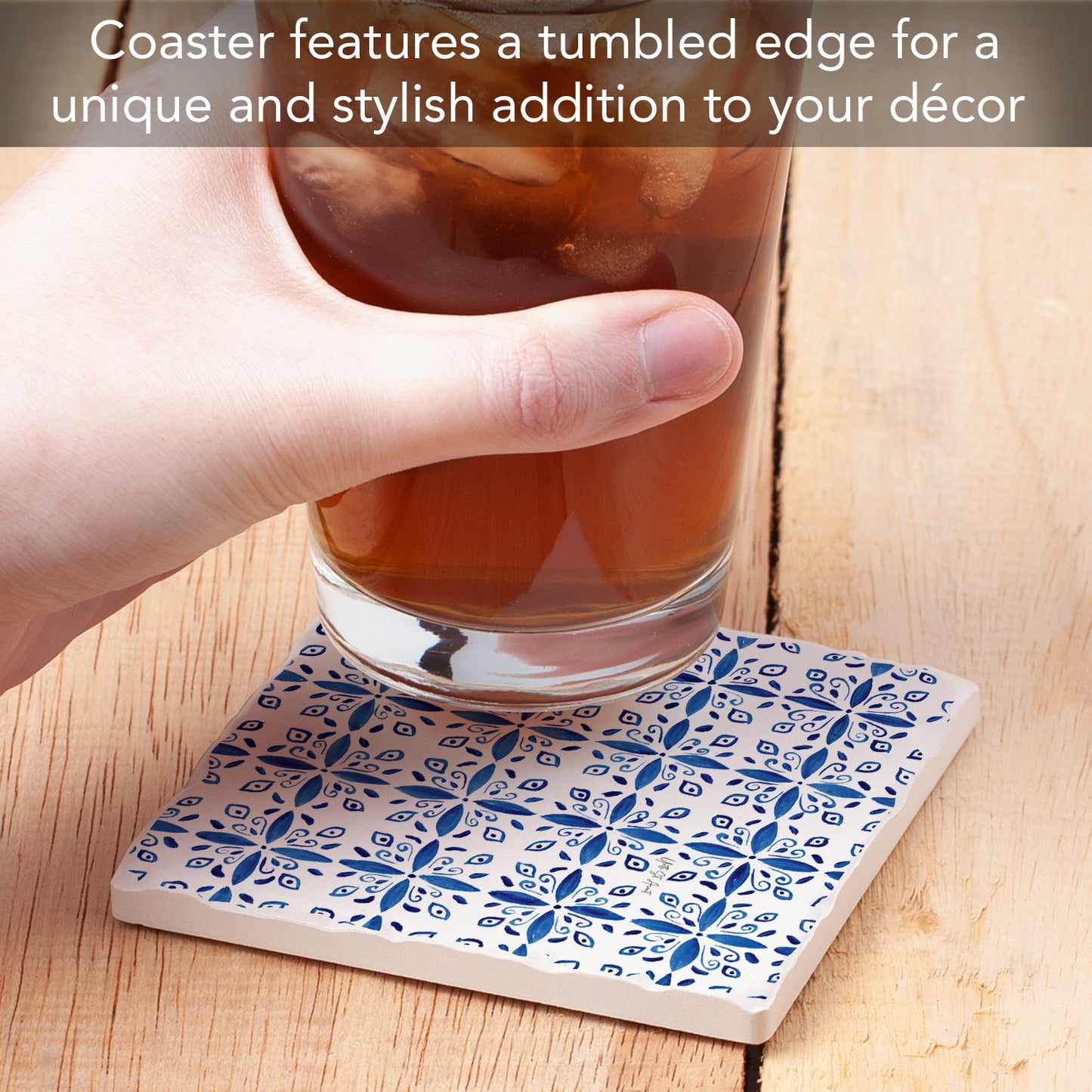 Thirstystone Mediterranean Tile Single Tumbled Tile Stone Coaster with Protective Cork Backing Manufactured in The USA 4" Square, Colorful, Artistiic, Easily Wipes Clean