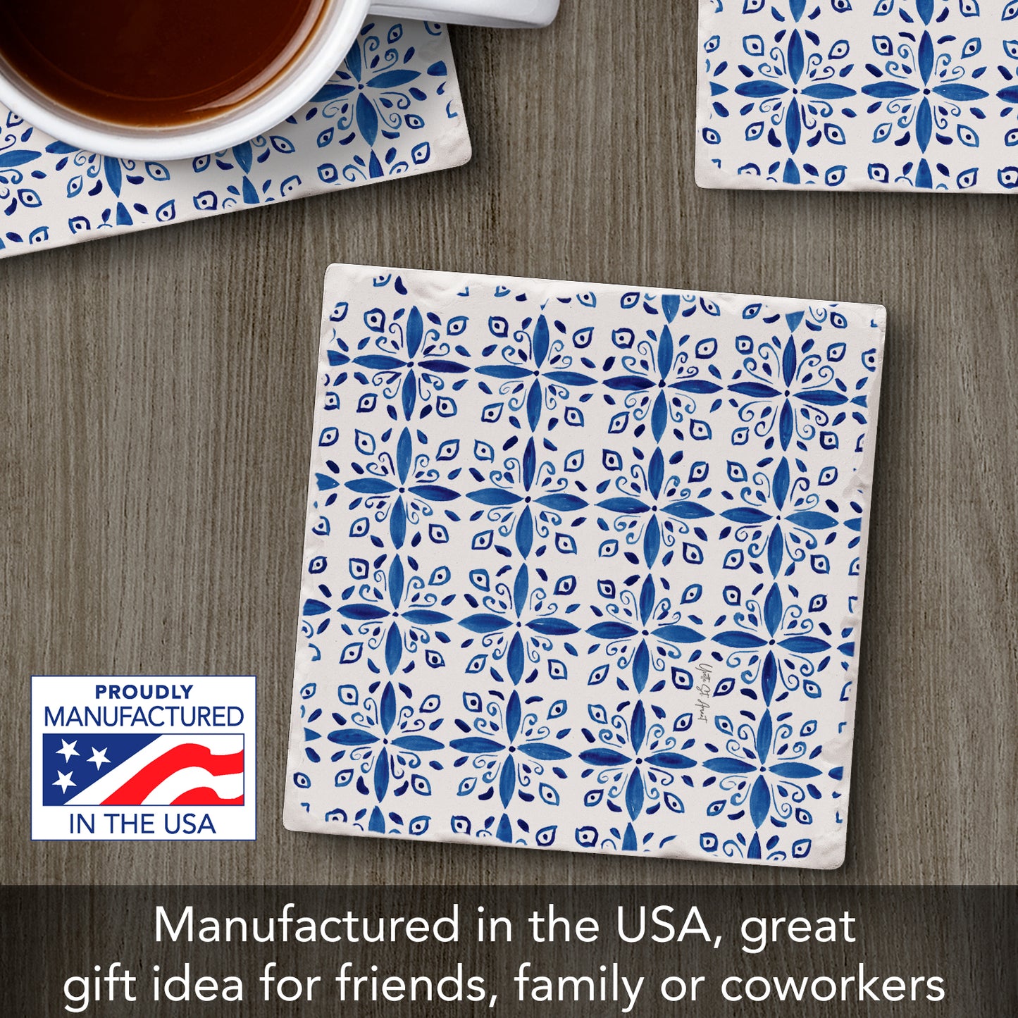 Thirstystone Mediterranean Tile Single Tumbled Tile Stone Coaster with Protective Cork Backing Manufactured in The USA 4" Square, Colorful, Artistiic, Easily Wipes Clean