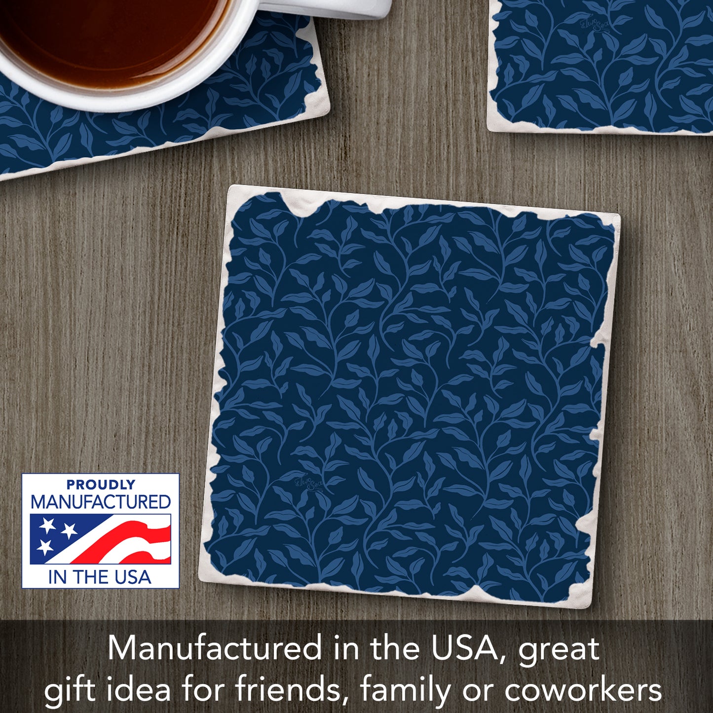 Thirstystone Indigo Sea Single Tumbled Tile Stone Coaster with Protective Cork Backing Manufactured in The USA 4" Square, Colorful, Artistiic, Easily Wipes Clean