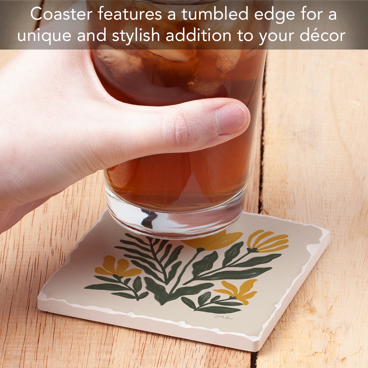 Thirstystone Yellow Petals Single Tumbled Tile Stone Coaster with Protective Cork Backing Manufactured in The USA 4" Square, Colorful, Artistiic, Easily Wipes Clean