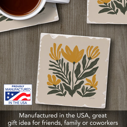 Thirstystone Yellow Petals Single Tumbled Tile Stone Coaster with Protective Cork Backing Manufactured in The USA 4" Square, Colorful, Artistiic, Easily Wipes Clean