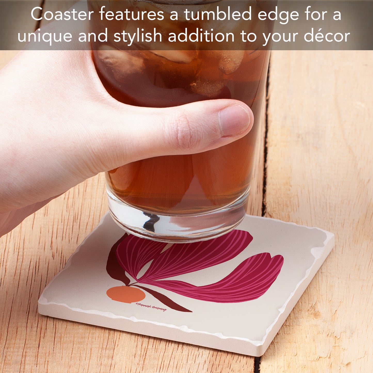 Thirstystone Garnet Flower Single Tumbled Tile Stone Coaster with Protective Cork Backing Manufactured in The USA 4" Square, Colorful, Artistiic, Easily Wipes Clean