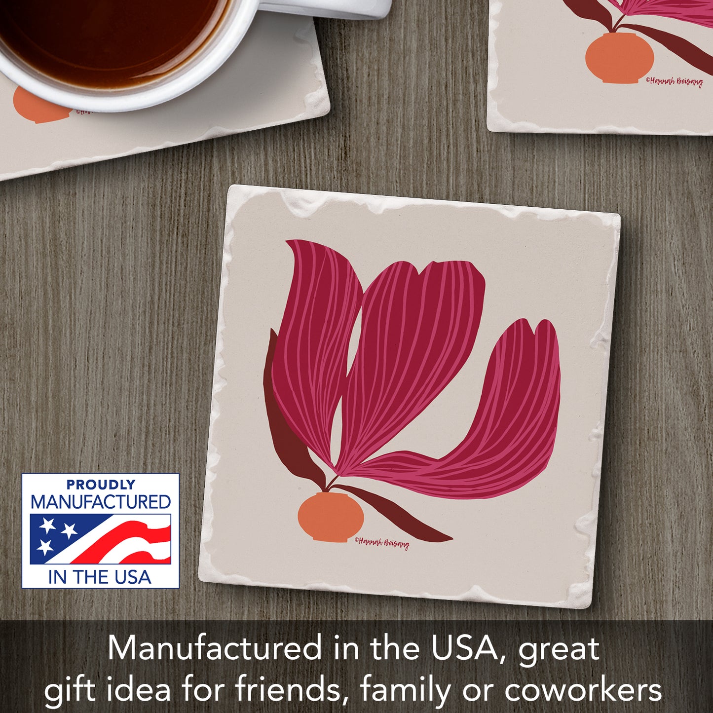 Thirstystone Garnet Flower Single Tumbled Tile Stone Coaster with Protective Cork Backing Manufactured in The USA 4" Square, Colorful, Artistiic, Easily Wipes Clean