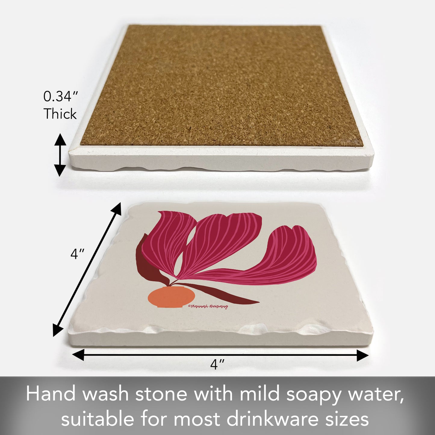 Thirstystone Garnet Flower Single Tumbled Tile Stone Coaster with Protective Cork Backing Manufactured in The USA 4" Square, Colorful, Artistiic, Easily Wipes Clean