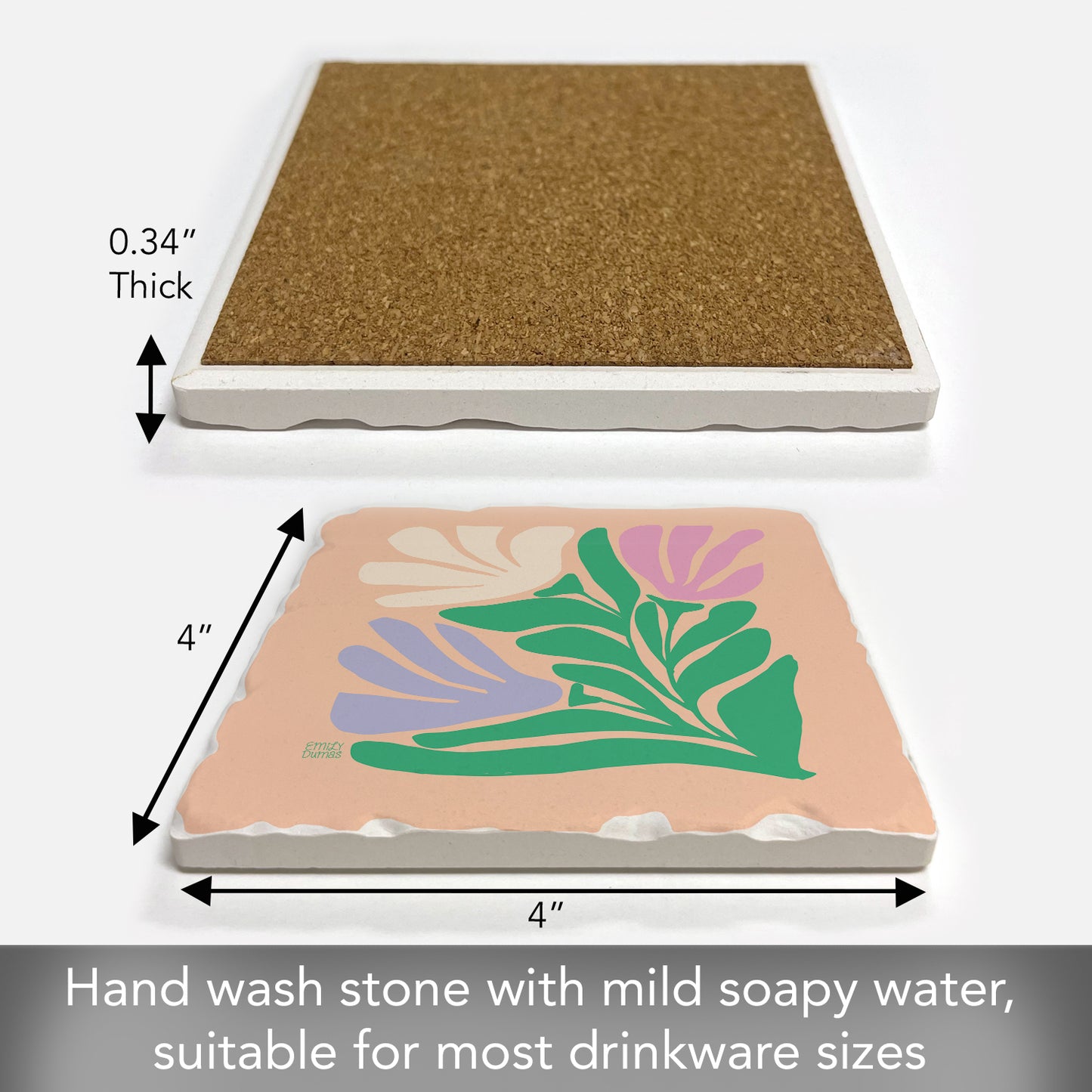 Thirstystone Funky Flowers Single Tumbled Tile Stone Coaster with Protective Cork Backing Manufactured in The USA 4" Square, Colorful, Artistiic, Easily Wipes Clean