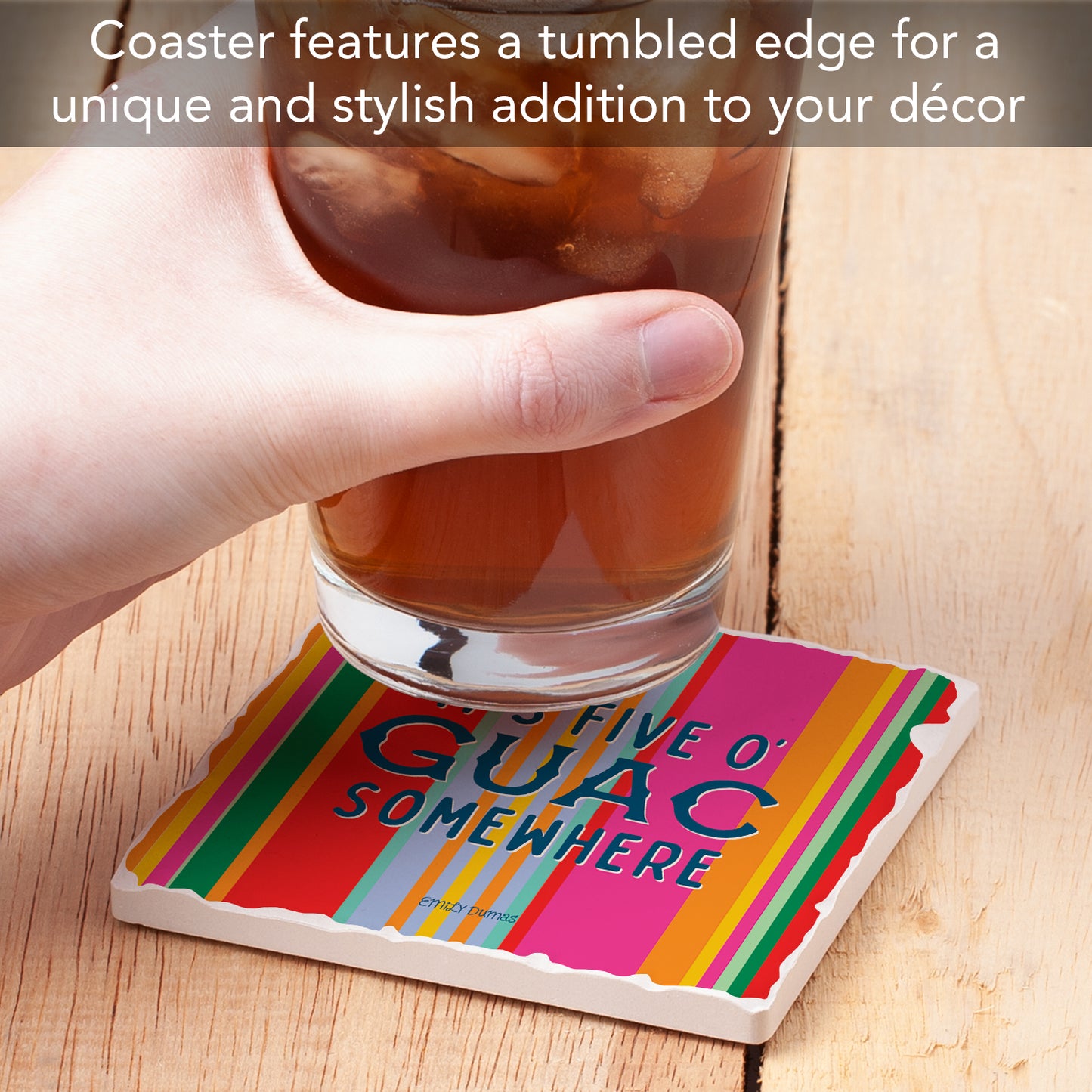 Thirstystone Five O' Guac Somewhere Single Tumbled Tile Stone Coaster with Protective Cork Backing Manufactured in The USA 4" Square, Colorful, Artistiic, Easily Wipes Clean