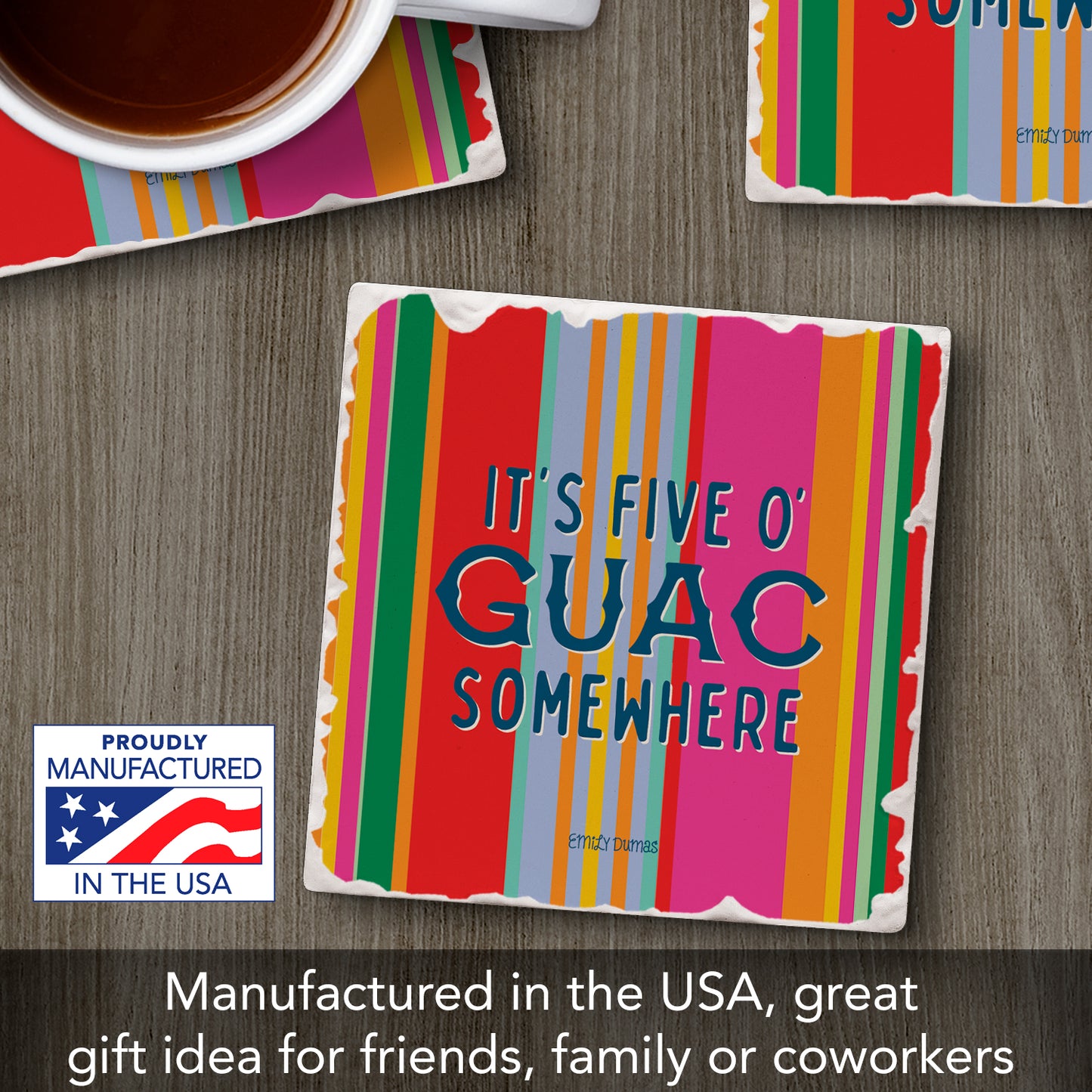Thirstystone Five O' Guac Somewhere Single Tumbled Tile Stone Coaster with Protective Cork Backing Manufactured in The USA 4" Square, Colorful, Artistiic, Easily Wipes Clean