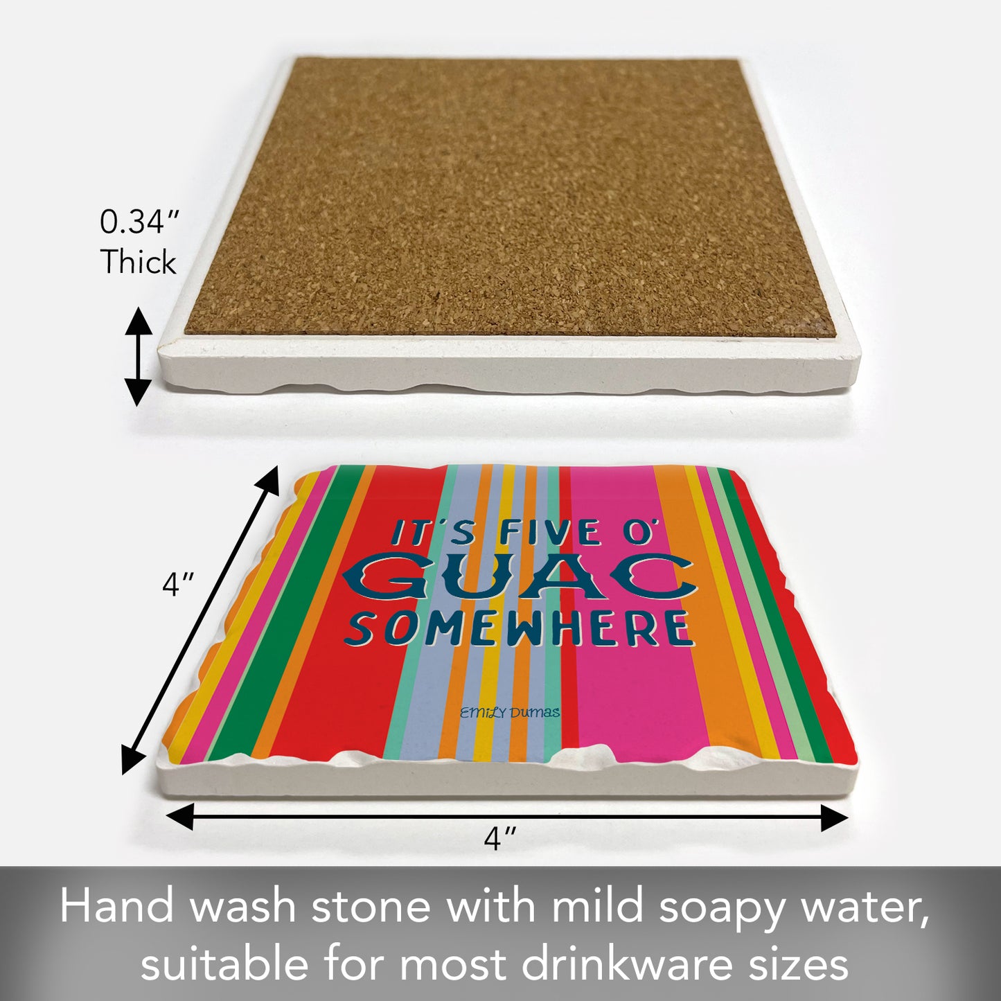 Thirstystone Five O' Guac Somewhere Single Tumbled Tile Stone Coaster with Protective Cork Backing Manufactured in The USA 4" Square, Colorful, Artistiic, Easily Wipes Clean