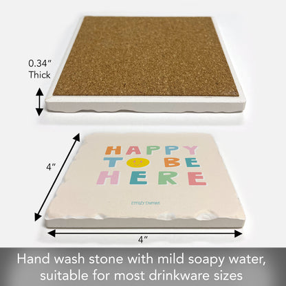 Thirstystone Happy to Be Here Single Tumbled Tile Stone Coaster with Protective Cork Backing Manufactured in The USA 4" Square, Colorful, Artistiic, Easily Wipes Clean