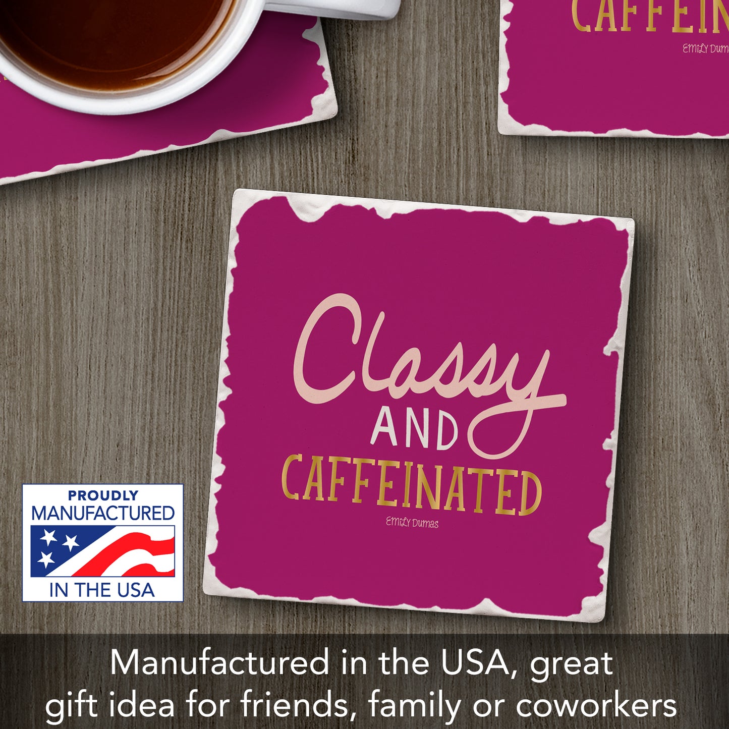 Thirstystone Classy & Caffeinated Single Tumbled Tile Stone Coaster with Protective Cork Backing Manufactured in The USA 4" Square, Colorful, Artistiic, Easily Wipes Clean