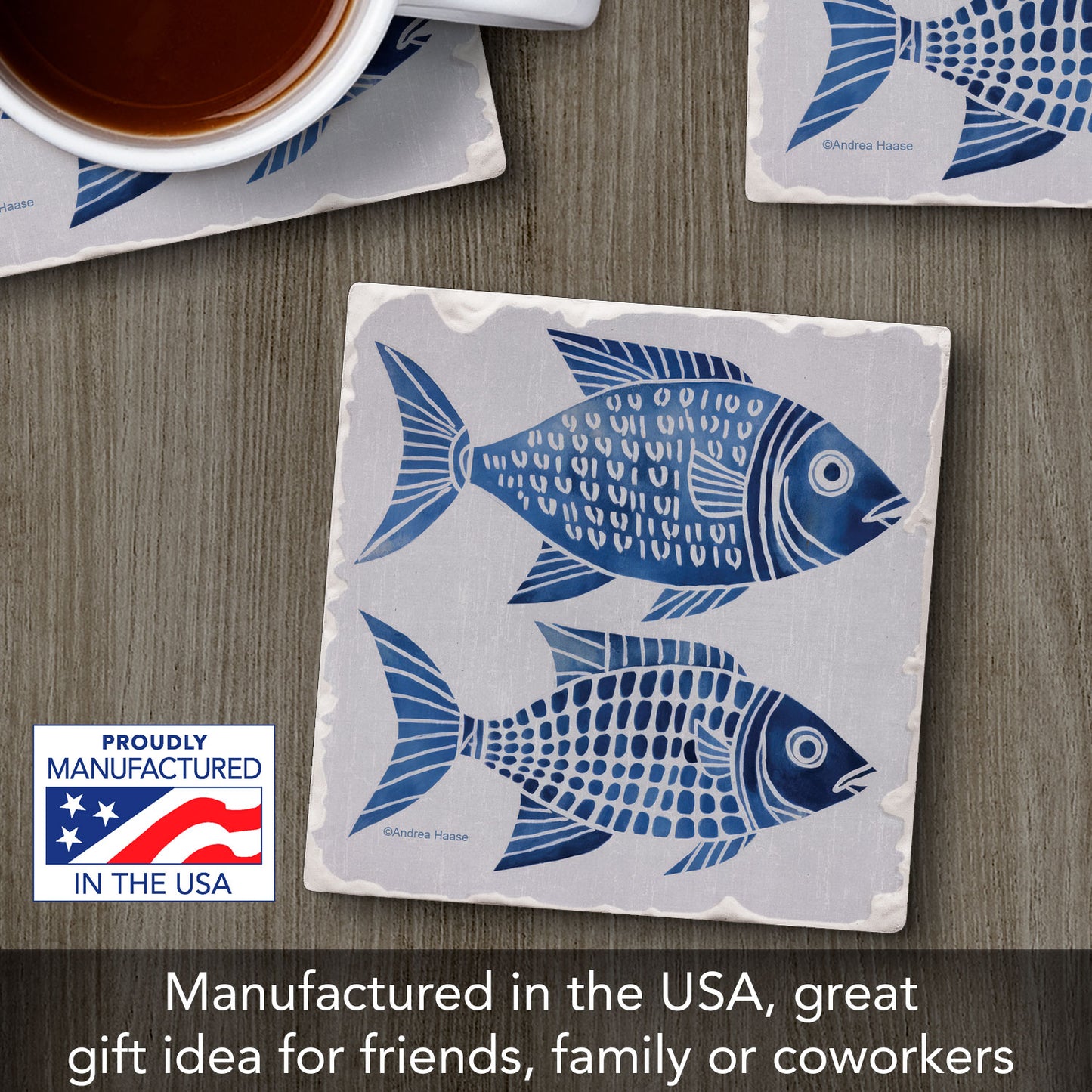 Thirstystone Blue Fish Single Tumbled Tile Coaster 4" Square Create Your Own Collection