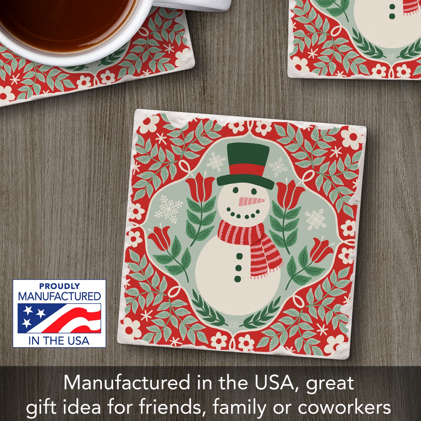 Folky Snowman Single Tumbled Tile Coaster 4" Square Create Your Own Collection