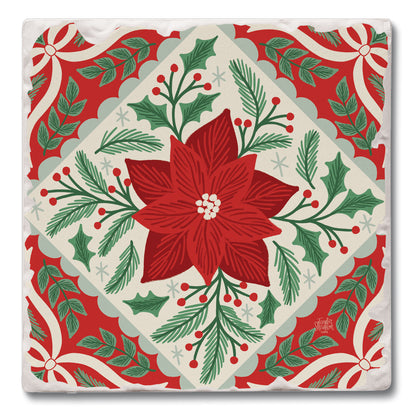 Folky Poinsettia Single Tumbled Tile Coaster 4" Square Create Your Own Collection