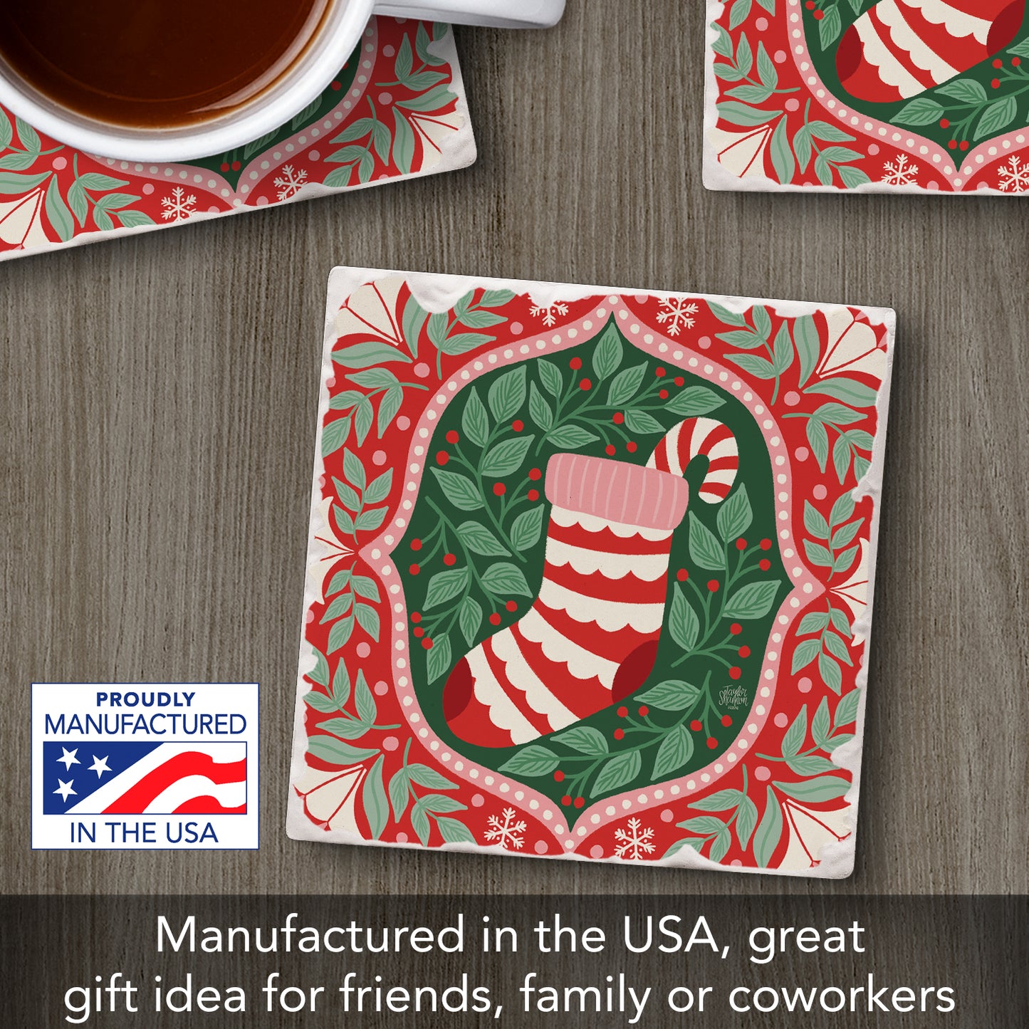 Folky Stocking Single Tumbled Tile Coaster 4" Square Create Your Own Collection