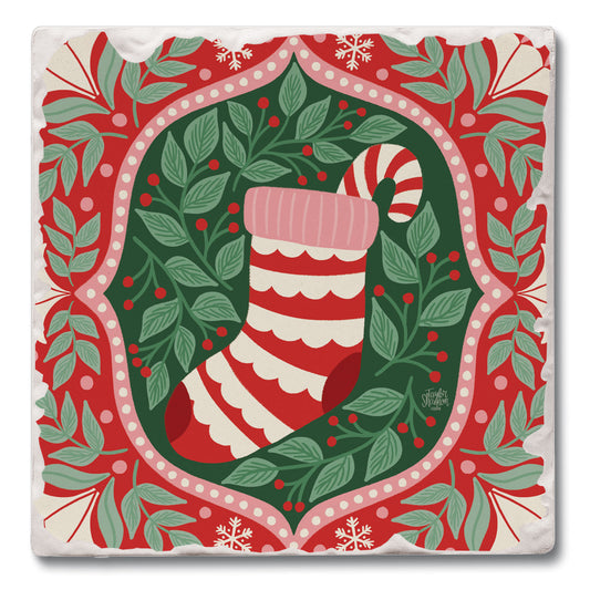 Folky Stocking Single Tumbled Tile Coaster 4" Square Create Your Own Collection