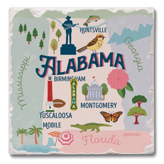 Thirstystone Alabama State Attractions 4 Pack Absorbent Stone Tumbled Tile Coasters 4” Square Manufactured in the USA