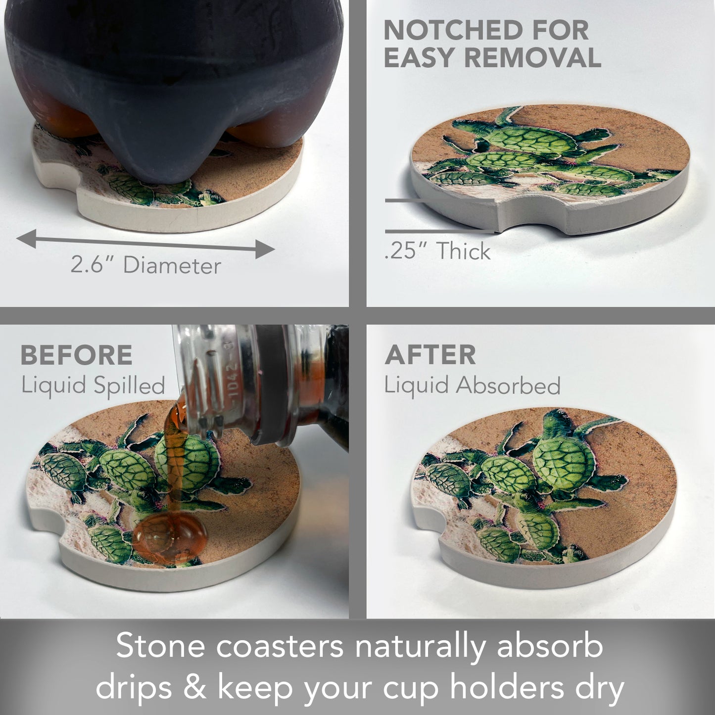 Thirstystone Baby Sea Turtles Single Absorbent Stone Coaster for Vehicle Cup Holder 2.6” Diameter Manufactured in The USA