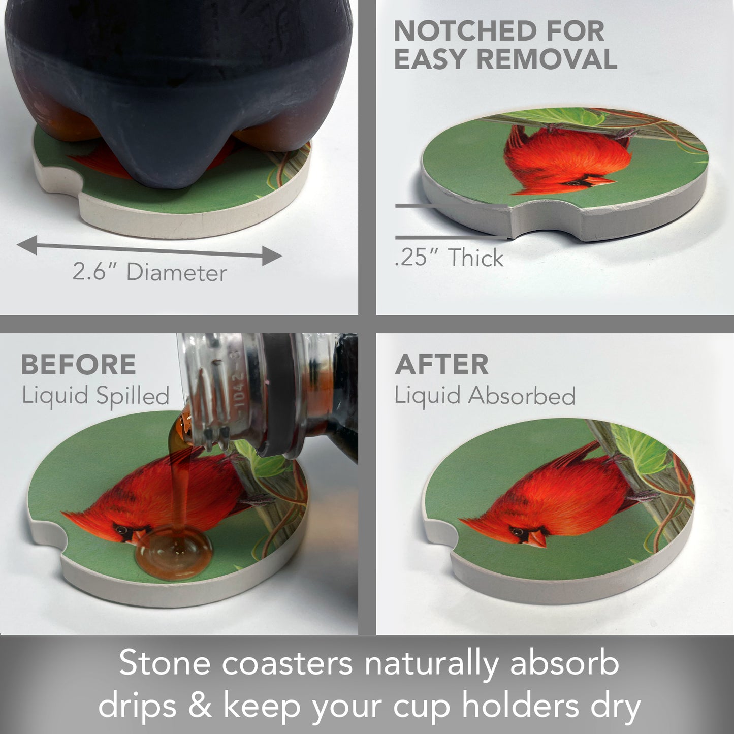 Thirstystone Red Bird Single Absorbent Stone Coaster for Vehicle Cup Holder 2.6” Diameter Manufactured in The USA
