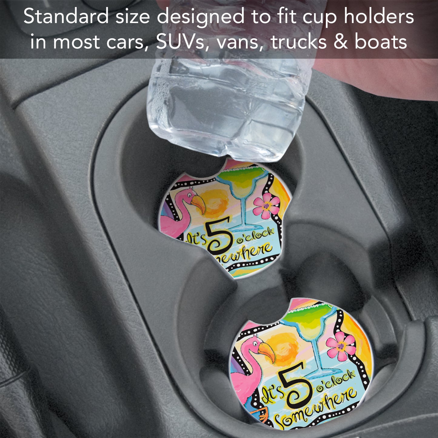 Thirstystone Five O'Clock Somewhere Single Absorbent Stone Car Coaster for Vehicle Cup Holder 2.6” Diameter Manufactured in The USA